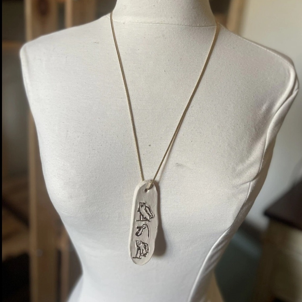 Rare vintage ceramic Gold and Cream  hieroglyphics Pendant Necklace